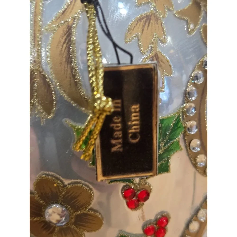 Vintage Glass Egg Christmas Ornament Red Cardinal Holly Jeweled Gold Filigree